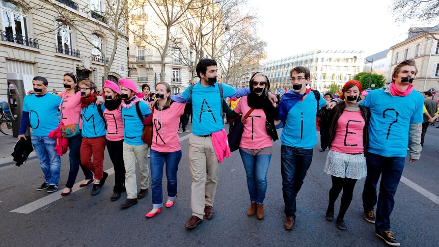 Demonstrators opposed to same-sex marriage protest in Paris.