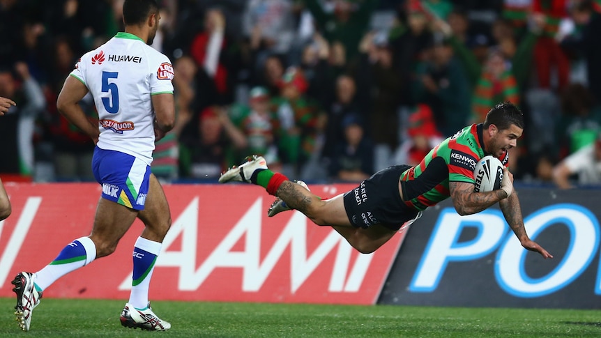 Souths' Adam Reynolds scores a try during the Rabbitohs finals' win over Canberra.