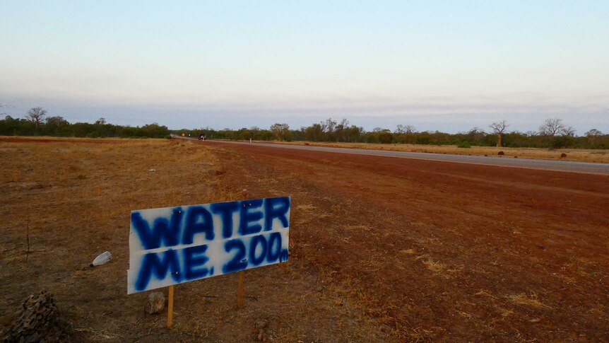 A home made sign by the side of the road says "water me 200 metres".
