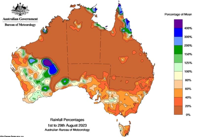 A map of rainfall percentages August 