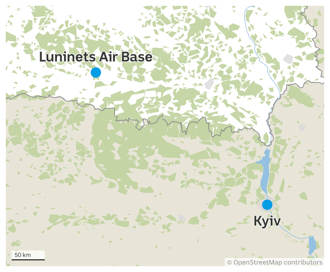 Map of Luninets Air Base in relation to Kyiv