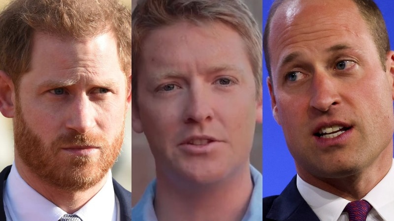 A composite of the faces of Prince Harry, Hugh Grosvenor and Prince William.