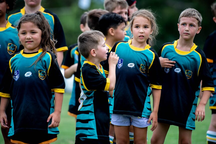 Sarah Speirs (second right) during her first training session for the Eastern Raptors Rugby League Club in Boronia Victoria.