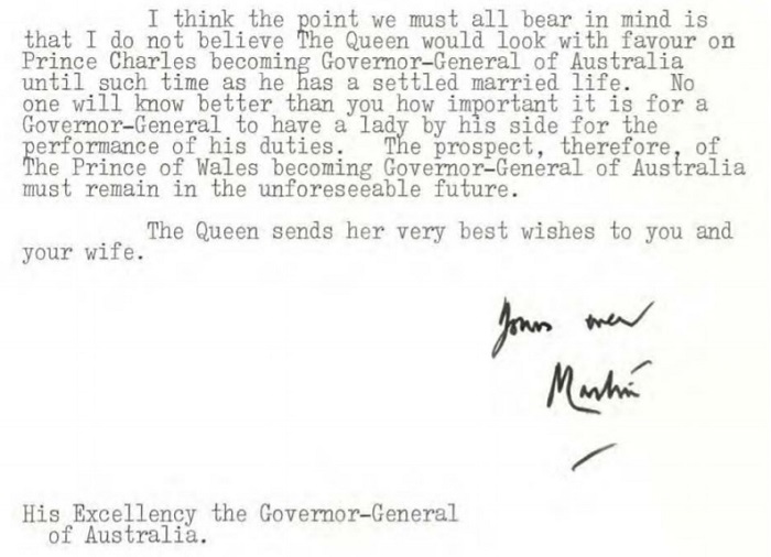 The Queen didn't want Prince Charles becoming Governor-General of Australia.