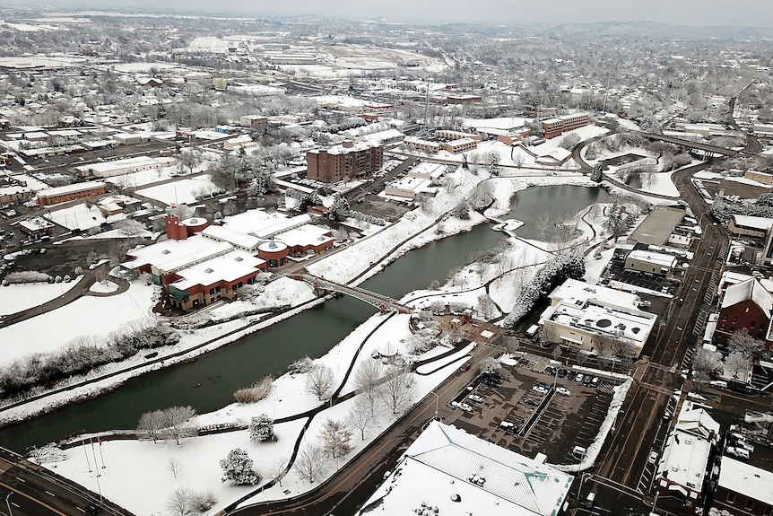 snow is shown on buildings in Blount County, Tennessee