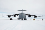 A front-on view of a large aircraft at Wilkins Aerodrome in Antarctica.