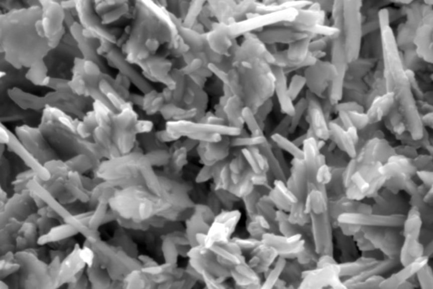 A black and white electron microscope image of Kaolin, showing crystal like structures in the shape of tubes and plates.