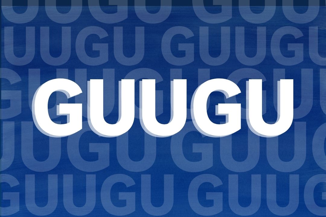 The word 'GUUGU' is written in bold, block white text with a dark blue background