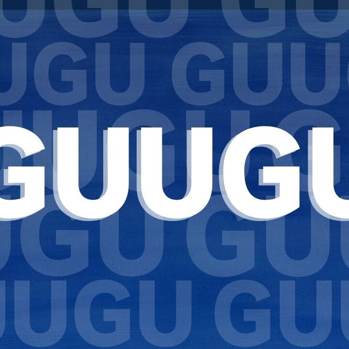 The word 'GUUGU' is written in bold, block white text with a dark blue background