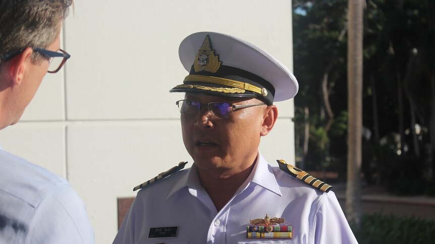 Thai Navy attaché Captain Pitak Nayaso speaks to the ABC outside NT Parliament House.