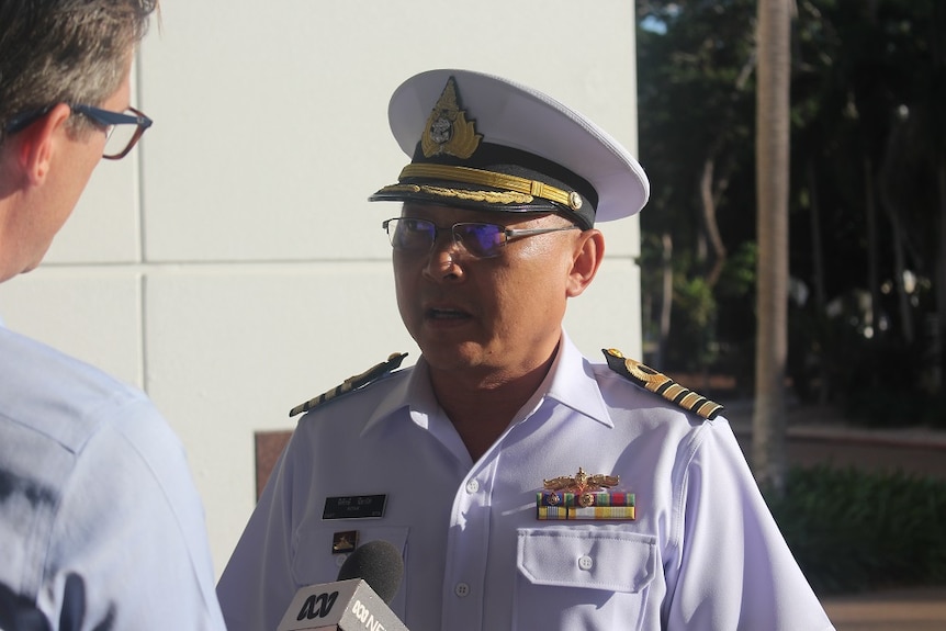 Thai Navy attaché Captain Pitak Nayaso speaks to the ABC outside NT Parliament House.