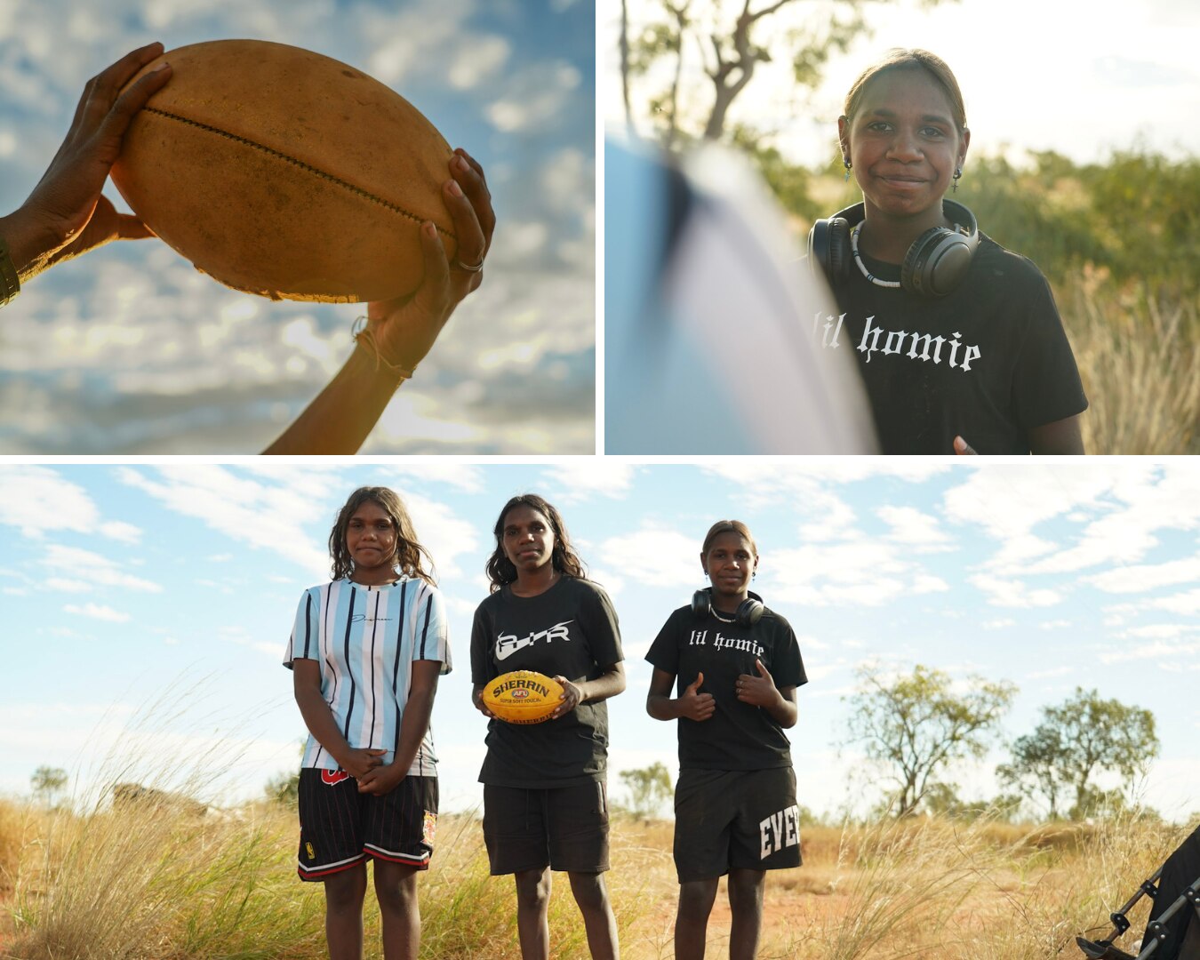 Collage of three photos, a football and young female players.