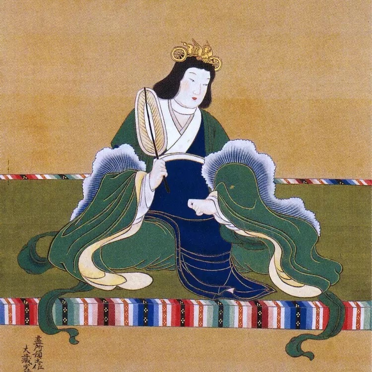 A Japanese-style painting of a historic empress, wearing a green robe and holding a fan.