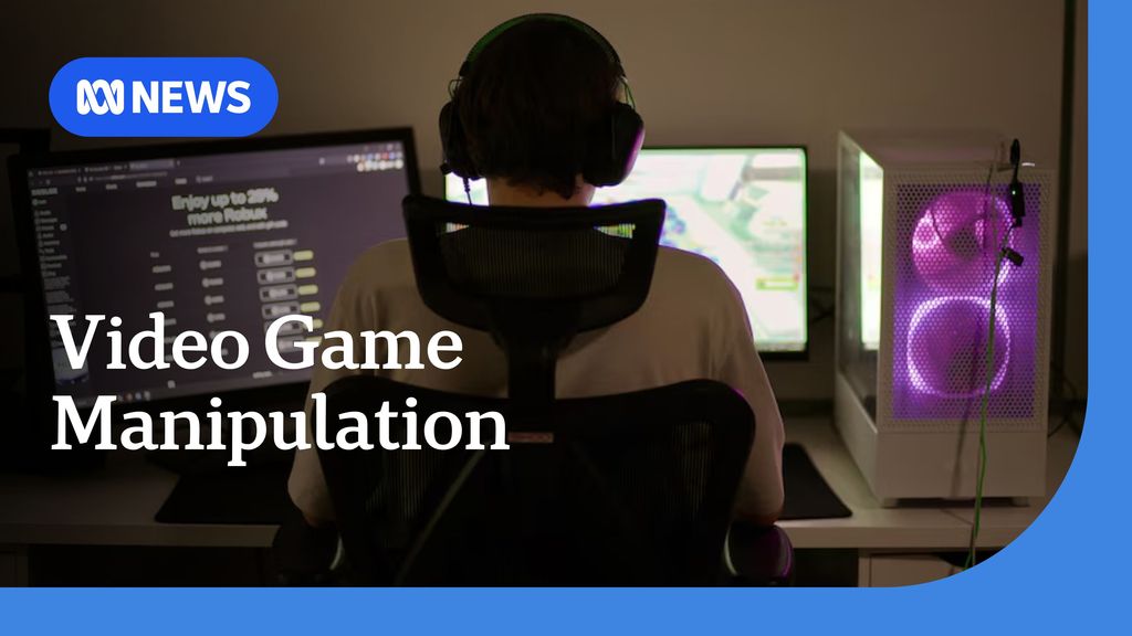 Video Game Manipulation. Back of a teen with headphones playing games on two screens and purplelit up speakers