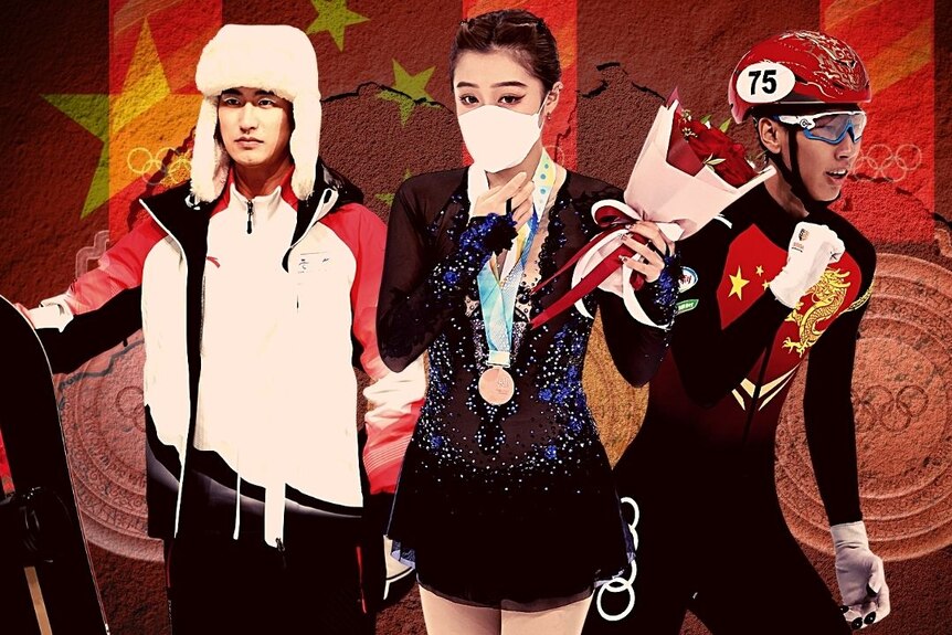 A collage of three Chinese Winter Olympic athletes