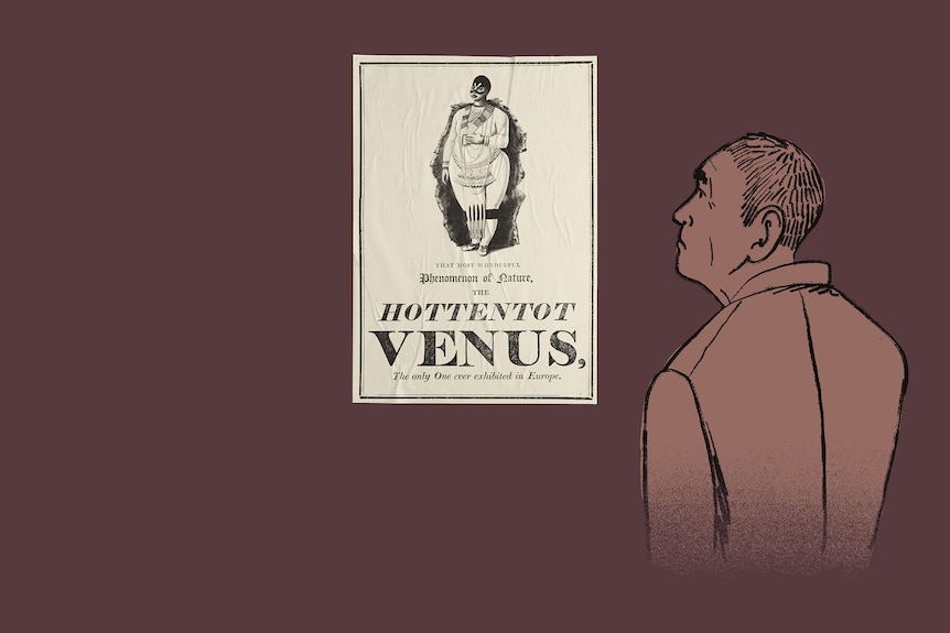 Animated image of lone man looking at a poster on the wall saying 'Hottentot Venus'.