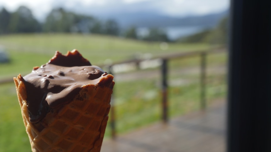 A waffle cone filled with dark, slightly melted, gooey chocolate ice cream.