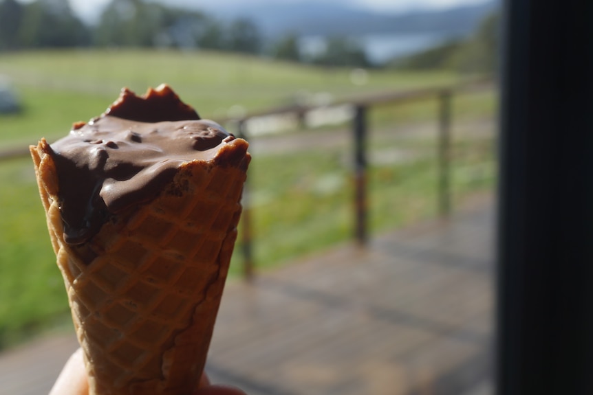 A waffle cone filled with dark, slightly melted, gooey chocolate ice cream 