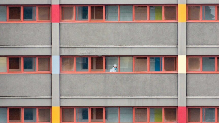 You view rectilinear windows with red borders across three storeys on a modernist public housing tower.