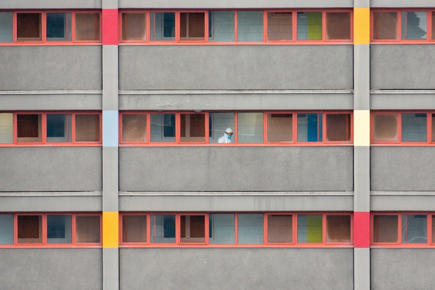 You view rectilinear windows with red borders across three storeys on a modernist public housing tower.
