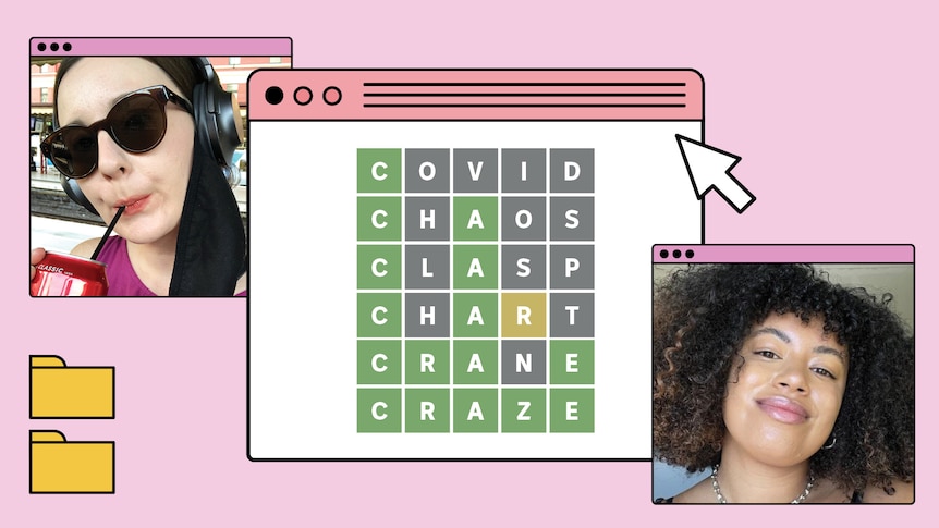 Meg is seen on the left cutout in a square against a pink background with Wordle in the middle, and Yasmin right in square