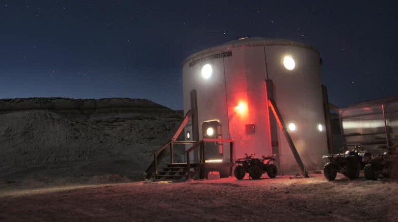 A Mars research station in Utah at night.
