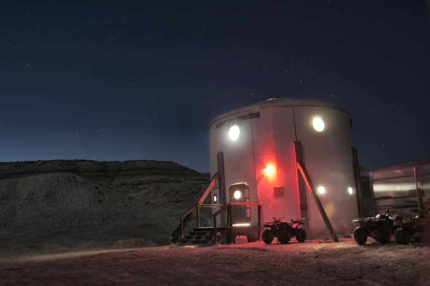 A Mars research station in Utah at night.
