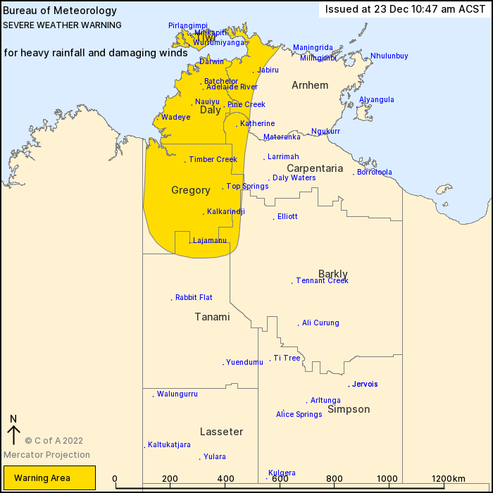 A map of the Northern Territory with much of the northwest shaded for a warning zone