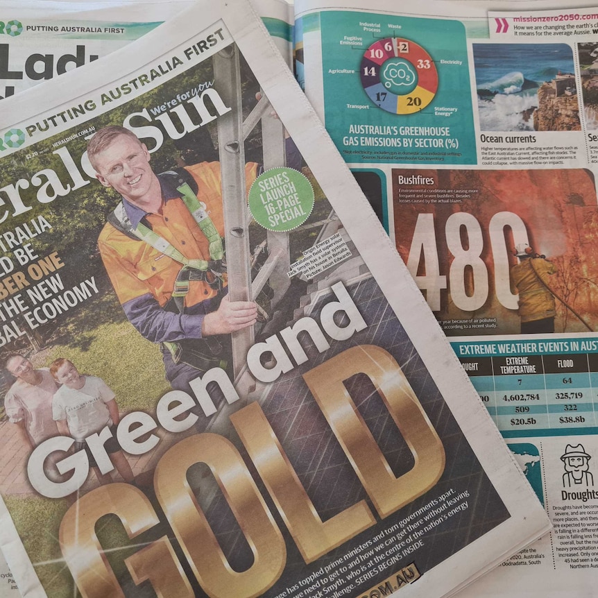 Herald Sun newspapers stacked up with 'Green and Gold' headline, articles about climate change