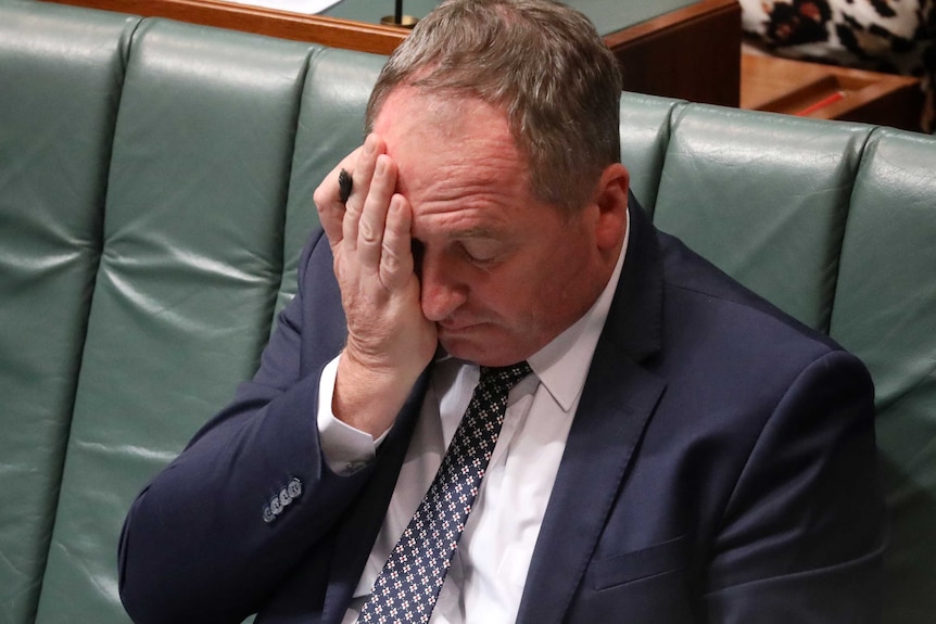 Barnaby Joyce clasps his right hand — which is already clutching a pen — to his face. He looks exhausted.