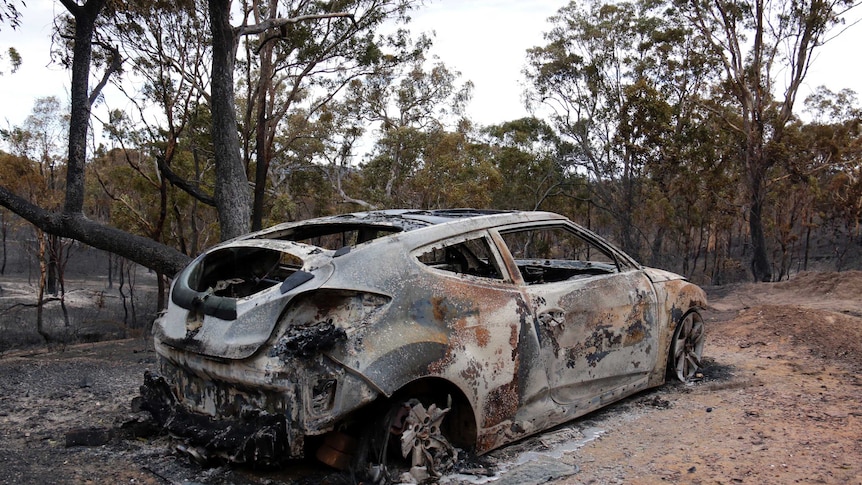 A burnt out car.
