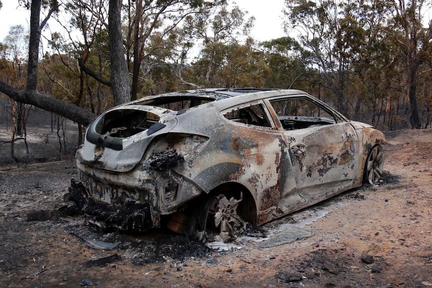 A burnt out car.