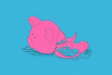 Illustration of pink piggy bank on blue background, broken in half with coins spilled everywhere.