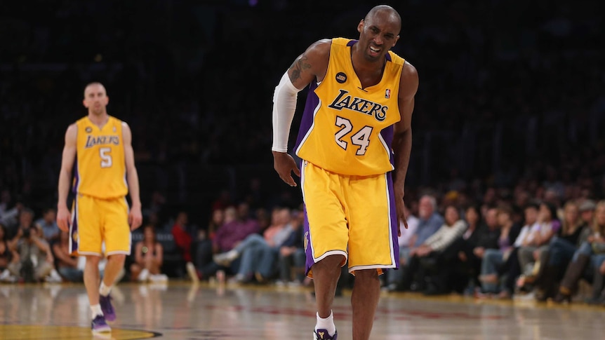 Kobe Bryant of the Los Angeles Lakers injures himself against the Golden State Warriors.