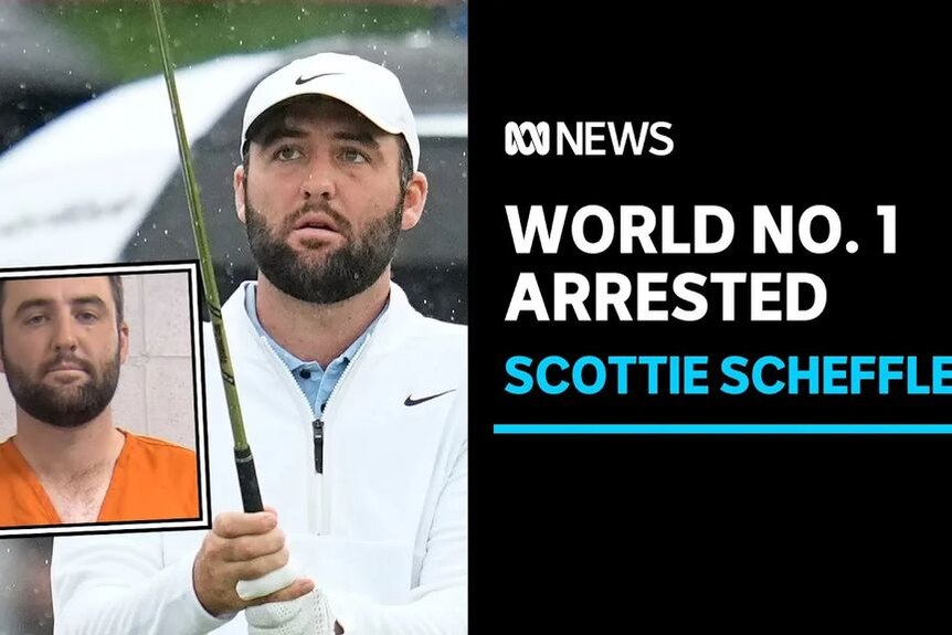 World No. 1 Arrested, Scottie Scheffler: A man holding a golf club with an inset of the same man in an orange jumpsuit.