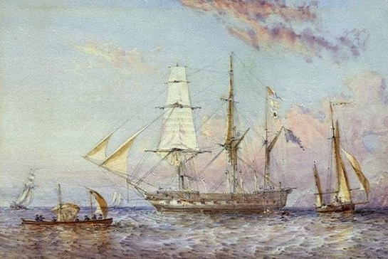 The HMS Rattlesnake, painted by Oswald Brierly. On board he writes down her story of life in the far north with the Kaurareg.
