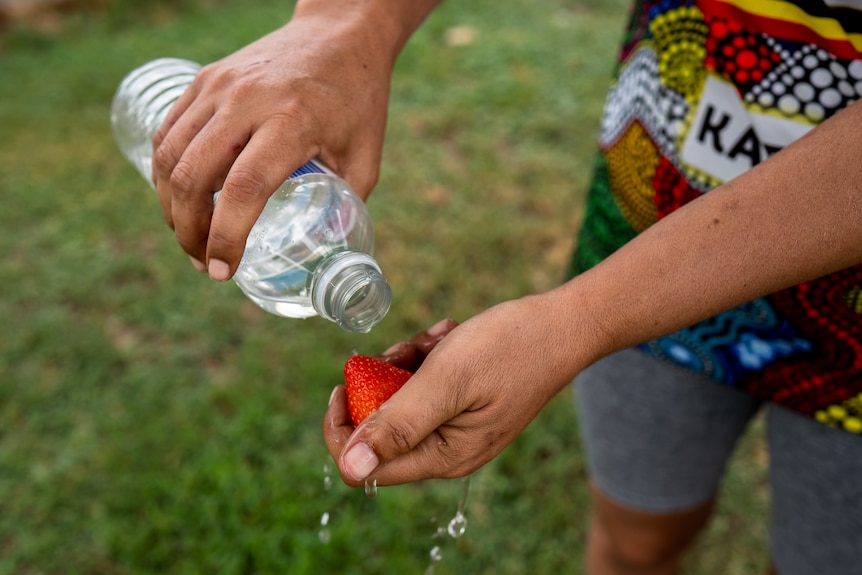 Indigenous woman pours bottled water over a strawberry in her hand. 