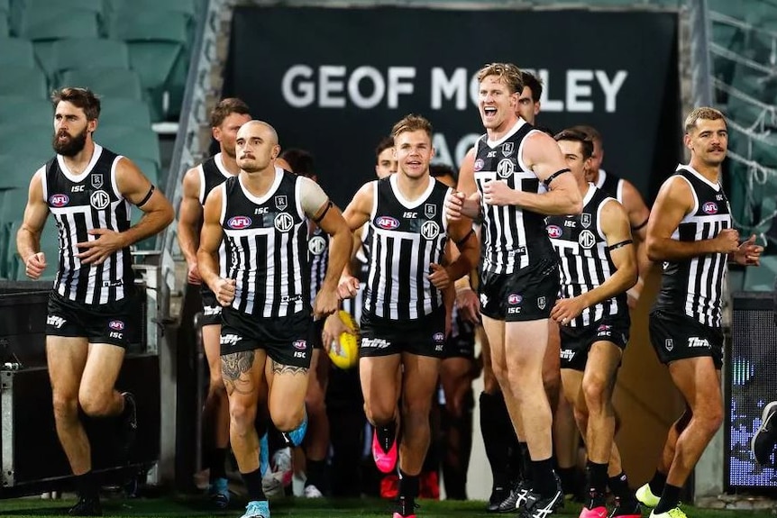 A group od Port Adelaide players running onto an oval wearing black and white jumpers