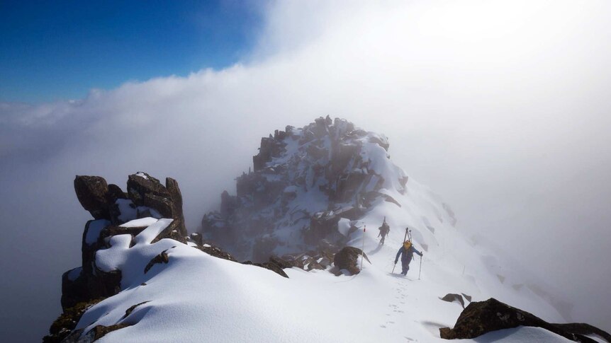 Skiers climb on Cradle Mountain
