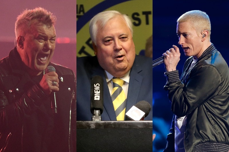 A composite image showing rock singer Jimmy Barnes, politician Clive Palmer and rapper Eminem.