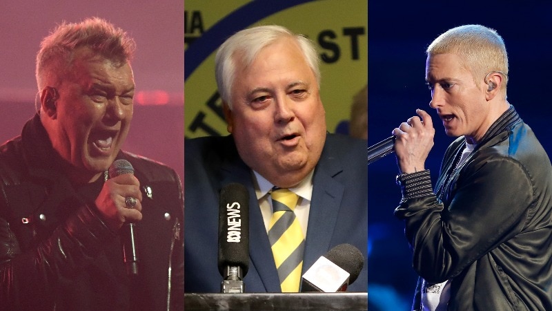 A composite image showing rock singer Jimmy Barnes, politician Clive Palmer and rapper Eminem.