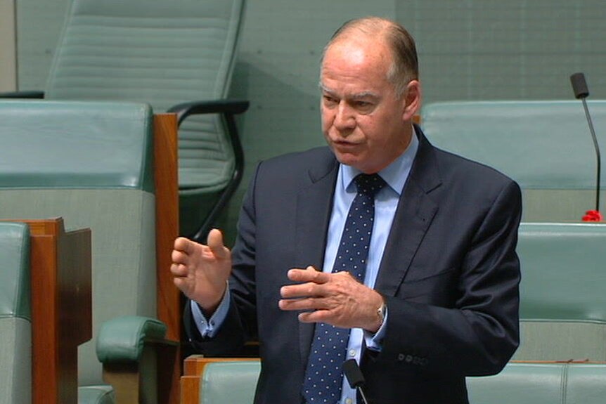 A balding man wearing a navy suit and navy spotted tie over a light blue shirt delivering a speech in federal parliament