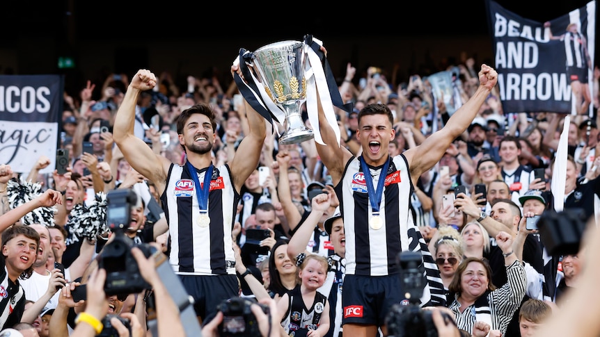 AFL players, and brothers, holding the premiership cup while celebrating with thousands of fans