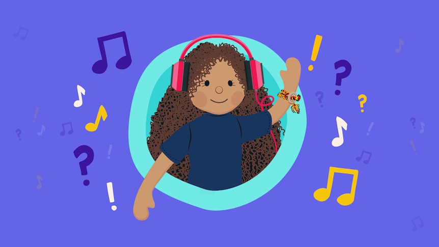 Animated image of Kiya, a toy doll, wearing headphones and smiling, on a purple background.
