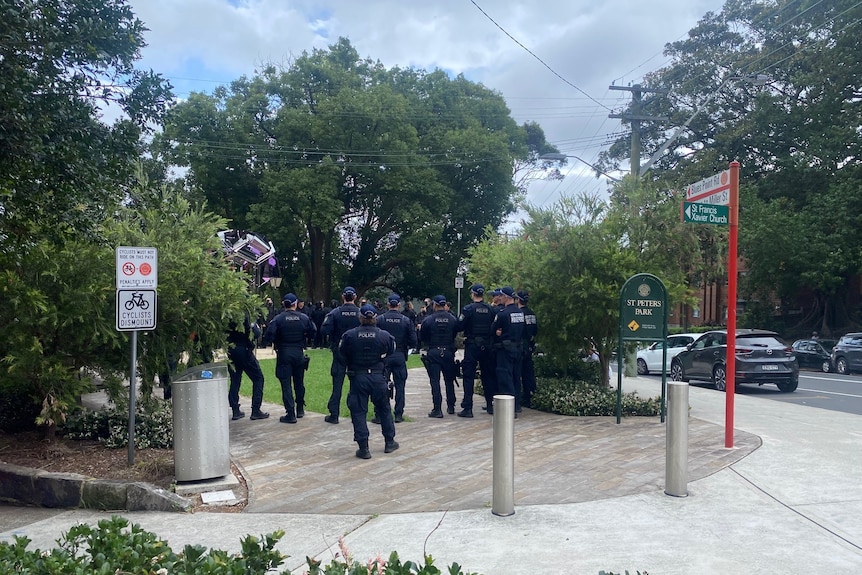 A number of police officers outside a park