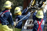 NSW firefighters lower an injured office worker down a ladder during a hypothetical emergency.