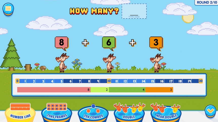 A screenshot of a maths game shows 3 goats speaking a different single-digit number. Below them is a number line from 0 to 20.