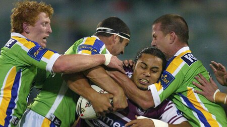 Steve Matai of Manly in action against Canberra