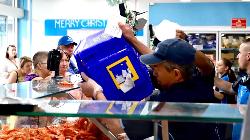 A man dumps a bucket of prawns into a cooler.