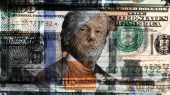 A graphic of Donald Trump on an American $100 note